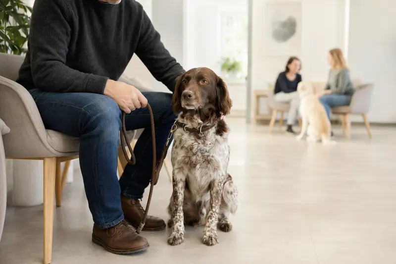 Ein Deutscher Wachtelhund sitzt ruhig neben seinem Besitzer im hellen Wartezimmer einer modernen Tierarztpraxis.